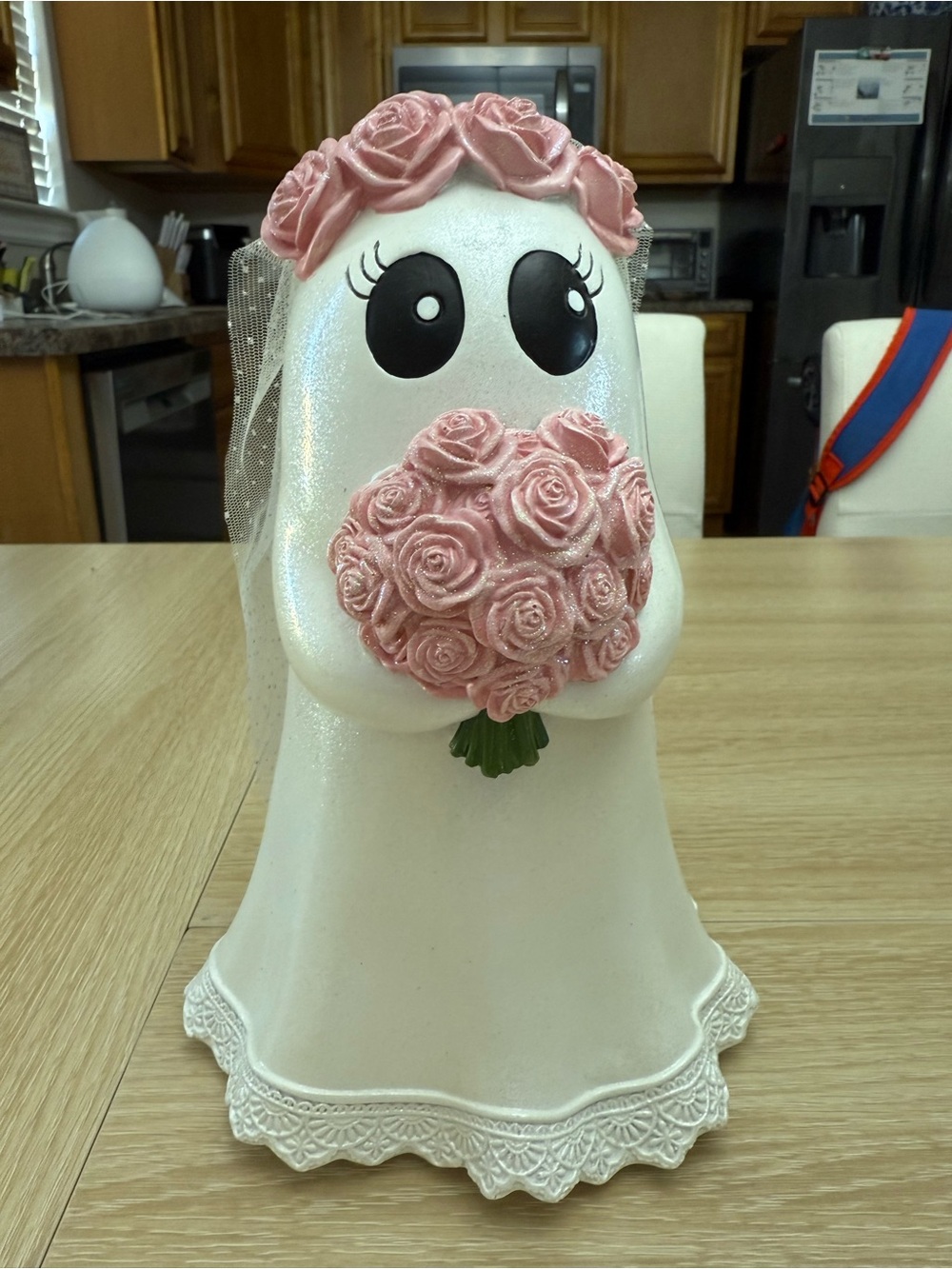 Bride Ghost Figurine with Pink Rose Bouquet - Home Accent